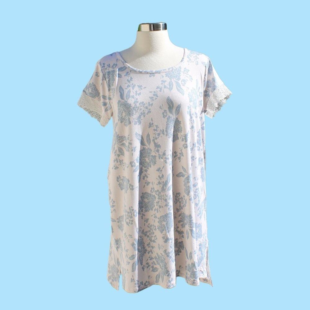 Tahari Women's Short Sleeve Nightgown Blue Floral Romantic Spring Size Medium